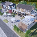 Scenic Traditional Guesthouse Building With Courtyard Outdoor Umbrellas Seating Greenery And Stone Pavement