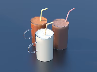 Three Different Colored Drink Cups With Handles And Straws Holding Assorted Beverages 3d model