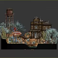 Vintage Decorative Miniature Scene With Old Water Tower Wooden Bridge Small Cabin And Green Plants