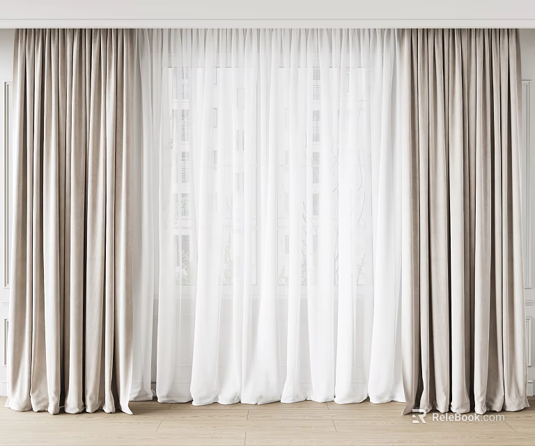 Elegant Double Layer Curtains With White Sheer And Beige Fabric For Home Window 3d model 