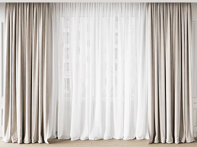 Elegant Double Layer Curtains With White Sheer And Beige Fabric For Home Window 3d model