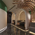 Elegant Modern Restaurant Interior With Arched Windows Striped Lighting And Bar Counter