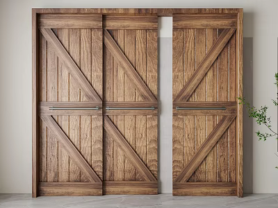 Double Wooden Barn Door With Cross Pattern Metal Hardware For Interior Space 3d model