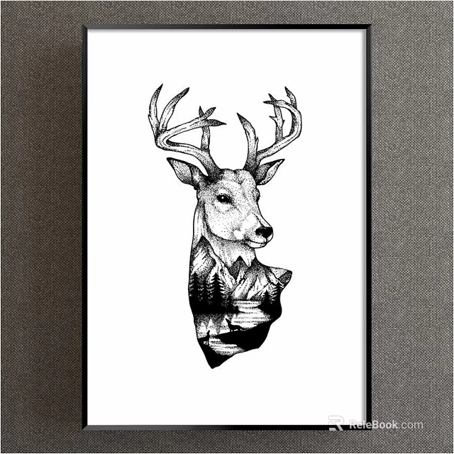 Black and White Deer Head Animal Drawing With Antlers Mountains Trees Lake 3d model 