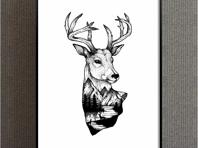 Black and White Deer Head Animal Drawing With Antlers Mountains Trees Lake 3d model
