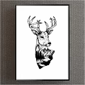 Black and White Deer Head Animal Drawing With Antlers Mountains Trees Lake