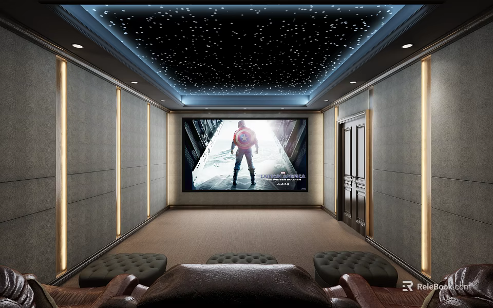 Luxurious Home Theater Featuring Starry Ceiling Large Projection Screen Ambient Lighting And Comfortable Seats 3d model 