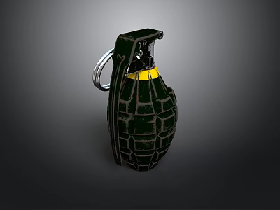 Military Hand Grenade With Green Ribbed Surface Yellow Stripe Fuse And Metal Pin 3d model