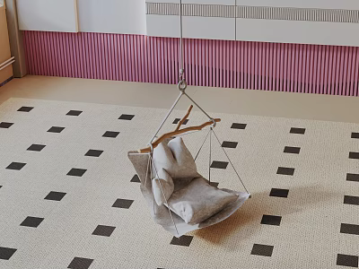Cozy Hanging Leisure Chair With Gray Fabric Seat Wooden Frame And Square Carpet Design 3d model