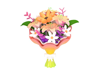 Fresh Colorful Flower Bouquet With Mixed Pink Orange White Purple Blooms And Green Leaves 3d model