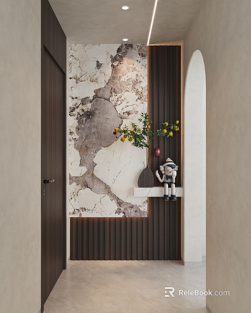 Entryway Hallway Interior Design With Marble Textured Wall Yellow Flowers Vase Wooden Paneling And Decorative Figurine 3d model 