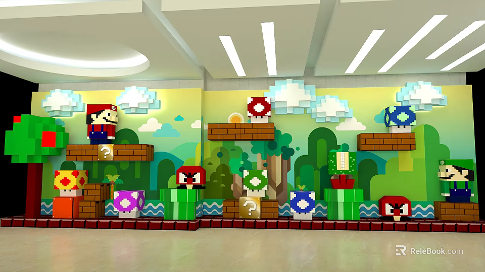 Vibrant Pixel Style Background Wall With Cartoon Clouds Trees Platforms Game Characters For Kids Space 3d model 