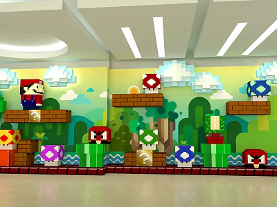 Vibrant Pixel Style Background Wall With Cartoon Clouds Trees Platforms Game Characters For Kids Space 3d model
