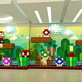 Vibrant Pixel Style Background Wall With Cartoon Clouds Trees Platforms Game Characters For Kids Space