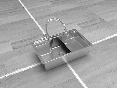 Stainless Steel Double Bowl Kitchen Sink With Faucet On Wooden Countertop 3d model