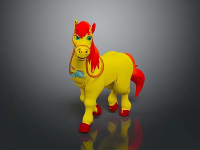 Yellow Toy Pony Featuring Red Mane Tail Blue Eyes Decoration And Red Hooves 3d model