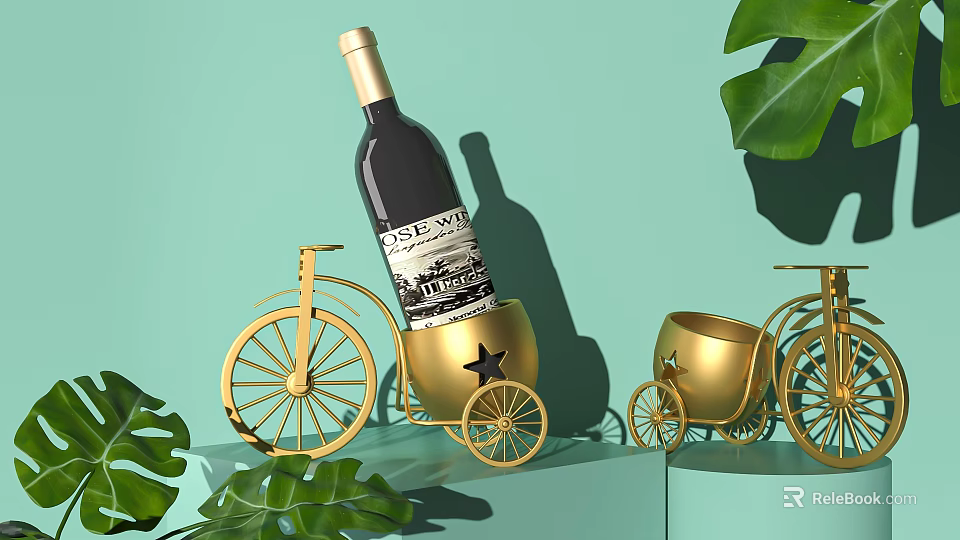 Elegant Wine Cabinet Display With a Bottle of Wine Golden Bicycle Cart and Green Leaves 3d model 