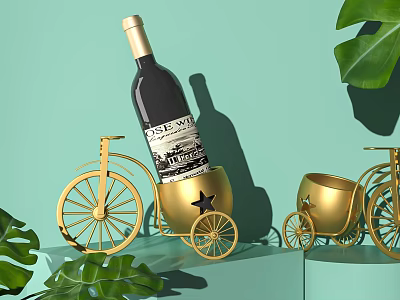 Elegant Wine Cabinet Display With a Bottle of Wine Golden Bicycle Cart and Green Leaves 3d model