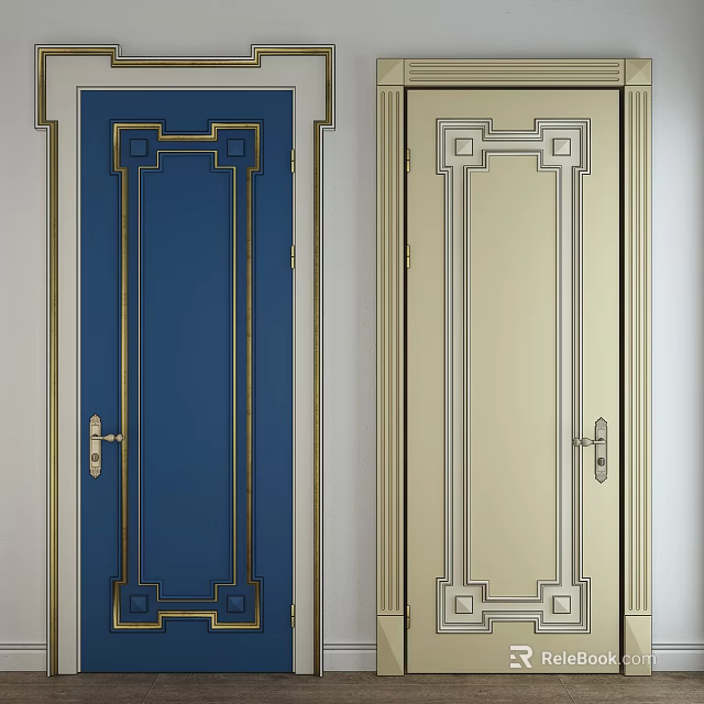 Two Stylish Swing Doors with Blue and Beige Finishes and Geometric Decorative Frames 3d model 