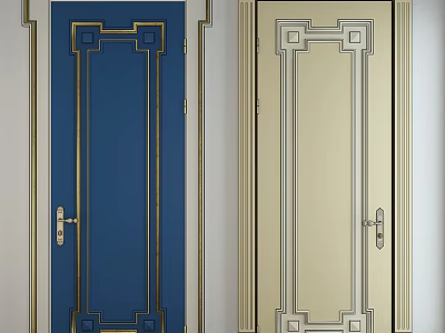 Two Stylish Swing Doors with Blue and Beige Finishes and Geometric Decorative Frames 3d model