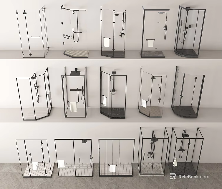 Various Modern Shower Head Designs With Different Shower Enclosures And Systems 3d model