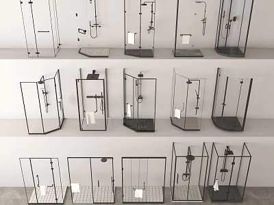 Various Modern Shower Head Designs With Different Shower Enclosures And Systems 3d model