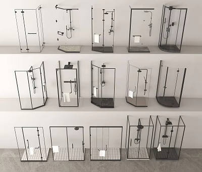 Various Modern Shower Head Designs With Different Shower Enclosures And Systems 3d model