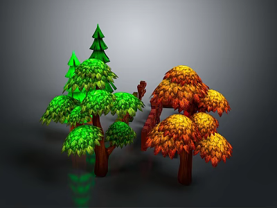 Vibrant Landscape Trees Featuring Green And Orange Red Foliage On Brown Trunks 3d model