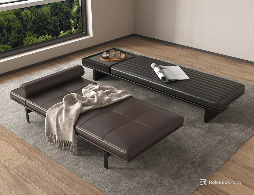 Brown Leather Bed Bench With Tray Cups Open Book Window Green Tree View Wooden Floor 3d model 