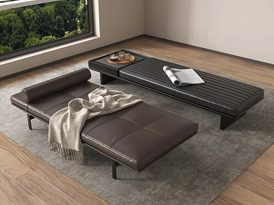 Brown Leather Bed Bench With Tray Cups Open Book Window Green Tree View Wooden Floor 3d model