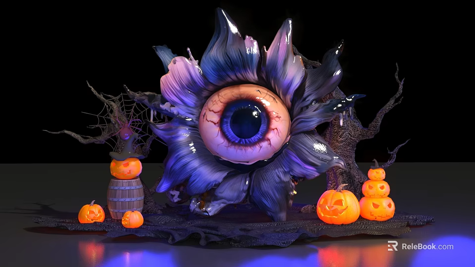 Interactive Area Featuring Halloween Themed Giant Eyeball Shaped Flower Pumpkins Wooden Barrel and Dead Trees 3d model 