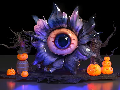 Interactive Area Featuring Halloween Themed Giant Eyeball Shaped Flower Pumpkins Wooden Barrel and Dead Trees 3d model
