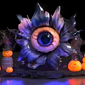 Interactive Area Featuring Halloween Themed Giant Eyeball Shaped Flower Pumpkins Wooden Barrel and Dead Trees