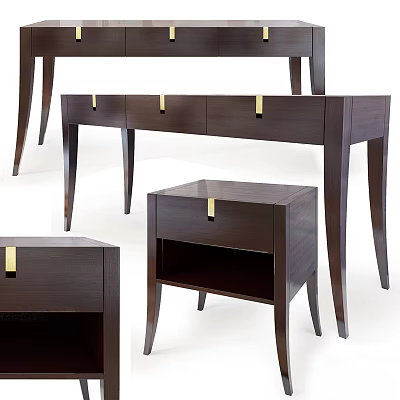 Elegant Dark Wooden Dressing Table With Modern Design Gold Handles And Multiple Drawers 3d model