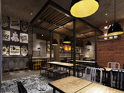Industrial Style Hotpot Restaurant Interior With Brick Wall Wooden Tables And Vintage Posters 3d model