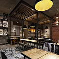 Industrial Style Hotpot Restaurant Interior With Brick Wall Wooden Tables And Vintage Posters