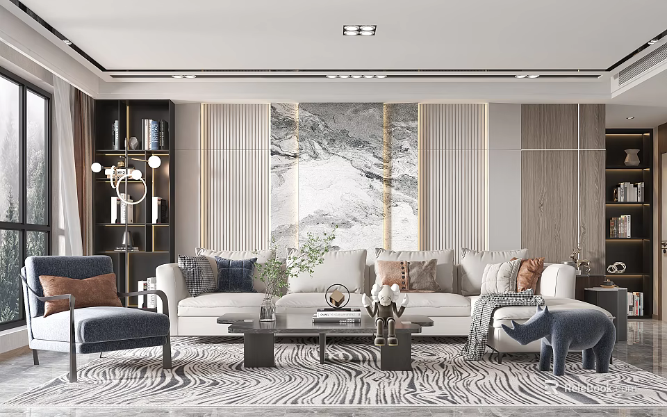 Elegant Modern Living Room Interior Design With Zebra Print Rug Sofa Pillows And Marble Wall Art 3d model 