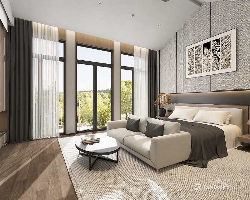Modern Hotel Room With Floor to Ceiling Windows Green View Beige Sofa and Wooden Flooring 3d model 