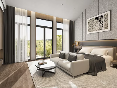 Modern Hotel Room With Floor to Ceiling Windows Green View Beige Sofa and Wooden Flooring 3d model
