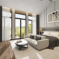 Modern Hotel Room With Floor to Ceiling Windows Green View Beige Sofa and Wooden Flooring