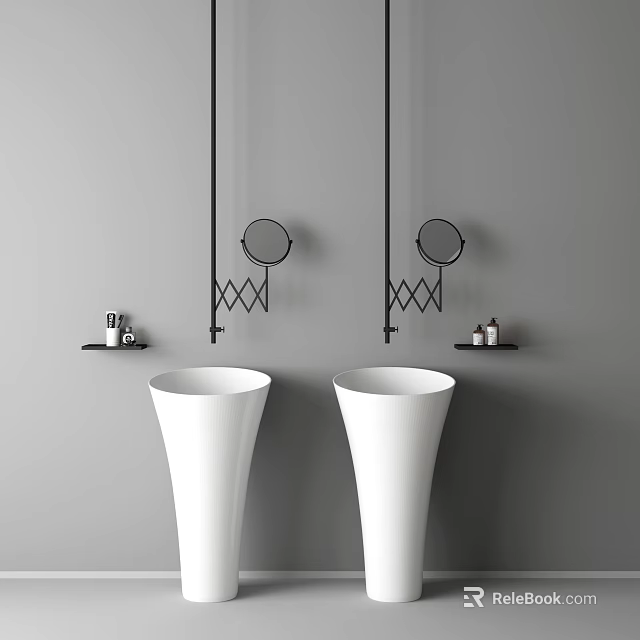 Modern Double White Washbasins With Round Mirrors And Black Shelves On Grey Wall 3d model 