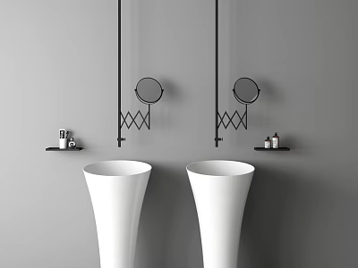 Modern Double White Washbasins With Round Mirrors And Black Shelves On Grey Wall 3d model