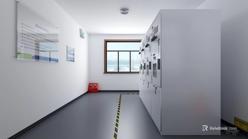 Industrial Control Room Interior With Safety Cabinets Warning Tape Fire Extinguisher And Window 3d model 