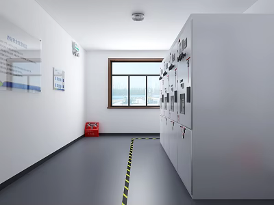 Industrial Control Room Interior With Safety Cabinets Warning Tape Fire Extinguisher And Window 3d model