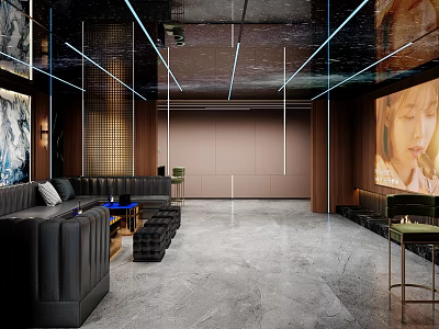 Modern KTV Interior Design With Black Sofas Strip Lights And Large Screen 3d model