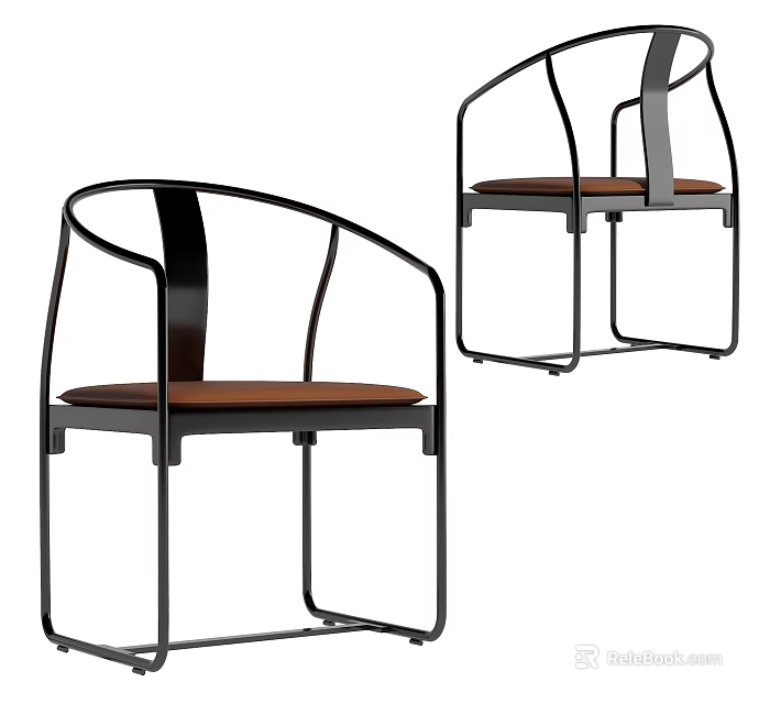 Modern Minimalist Single Chair With Black Metal Frame Brown Seat And Curved Armrest 3d model 