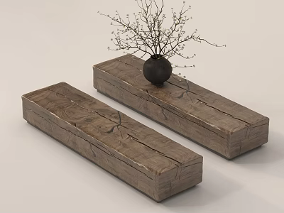 Long Wooden Stools With Natural Wood Grain Topped With Black Vase And Twiggy Plant Decor 3d model