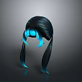 Game Movie Character Stylish Black Twin Tails with Blue Glowing Highlights
