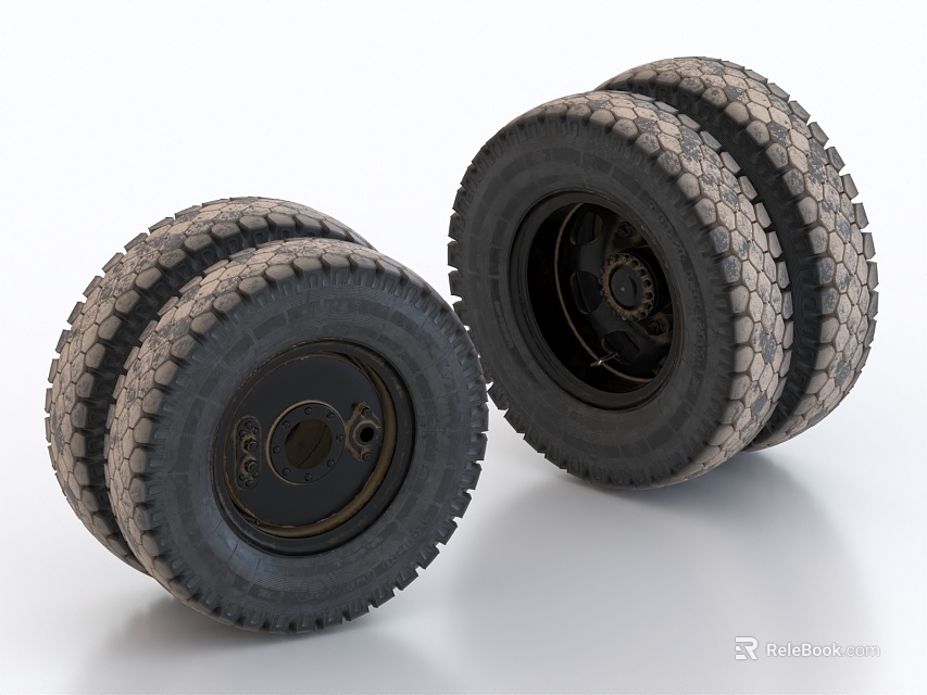Dual Heavy Duty Tires With Deep Tread And Black Rims 3d model 