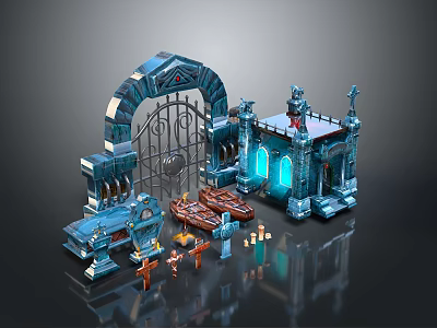 Enchanting Fantasy Landscape With Blue Architectural Arches Iron Gates Wooden Boats And Candles 3d model